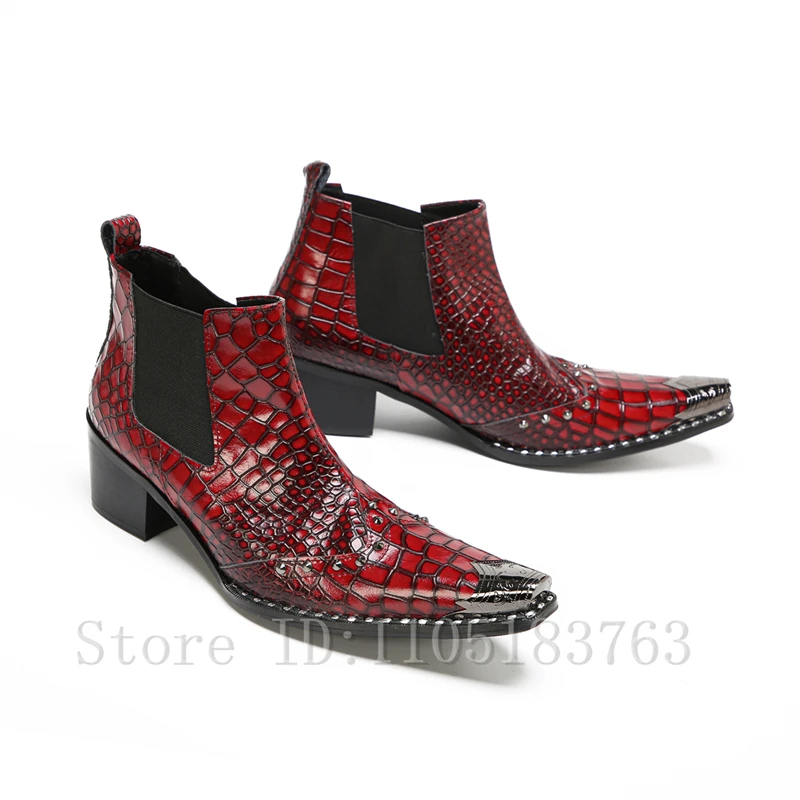 Men's Red Grid Embossed Western Chelsea Boots, Metal Tip Pointed Toe Studded Decor Block Heel Ankle Boots