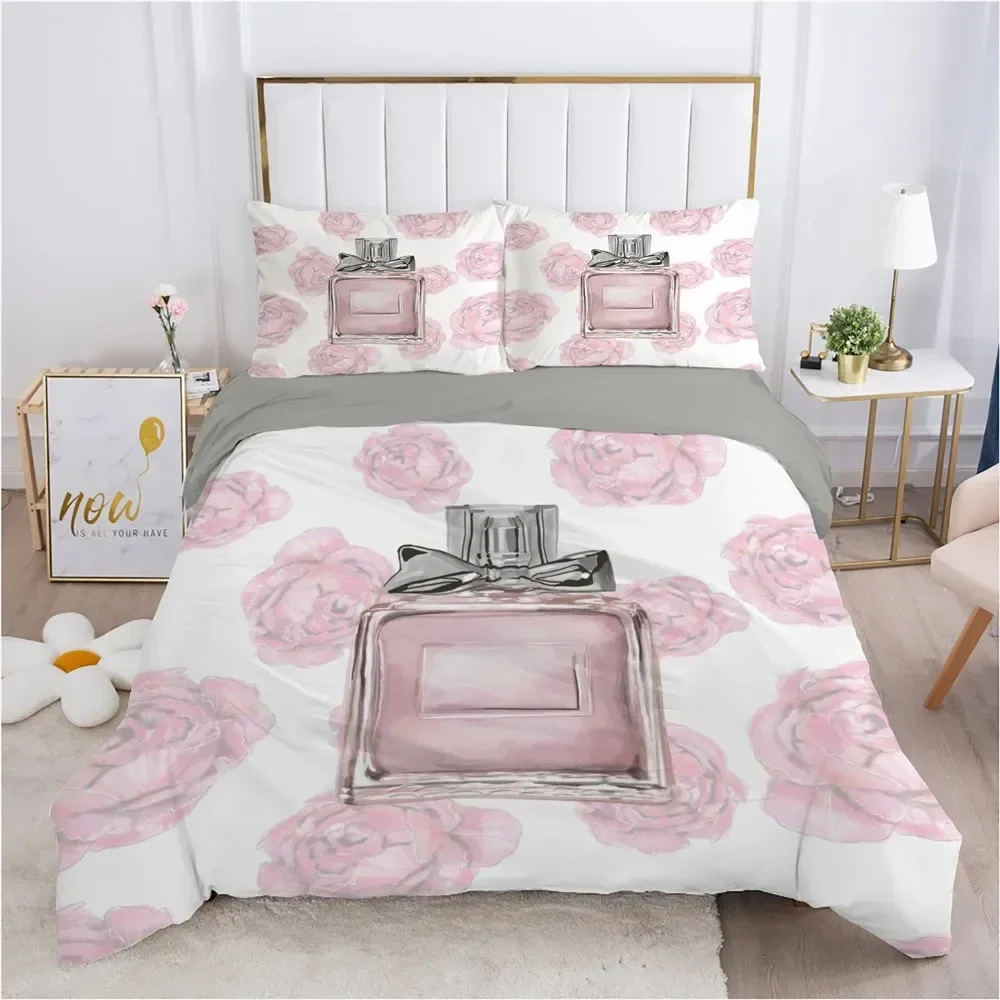 Perfume Floral Duvet Cover Set Pink Makeup Bedding Set with Pillowcase,Girls Women Romantic Fashion Gifts Comforter Cover Set