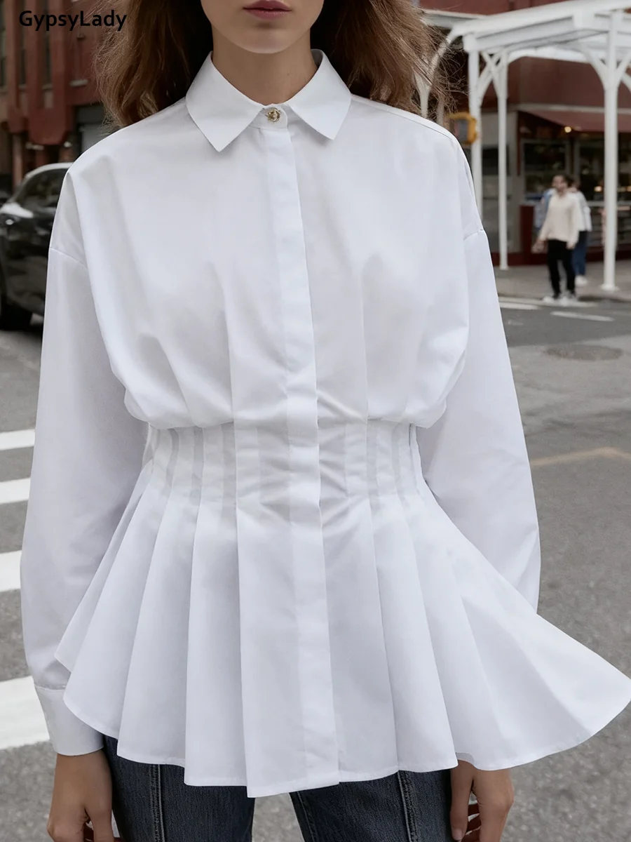 

French Style Elegant Pleated Blouse Shirt Pullover Women White Waisted Chic Cotton Sexy Casual Spring Autumn Ladies Tops Shirts