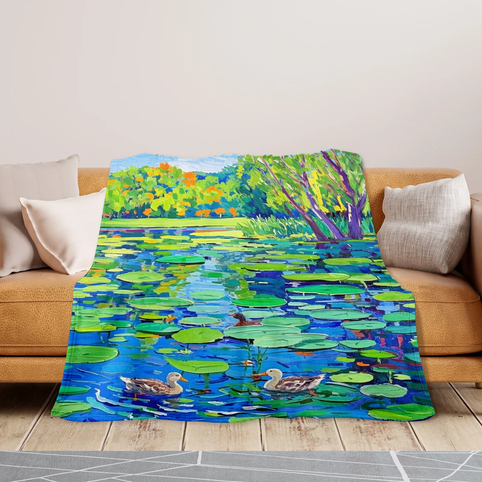 Couverture inspirée du lac de David Hockney avec feuilles de Lotus, arbres et canards, pour la décoration de la maison et la chaleur avec un Design esthétique moderne