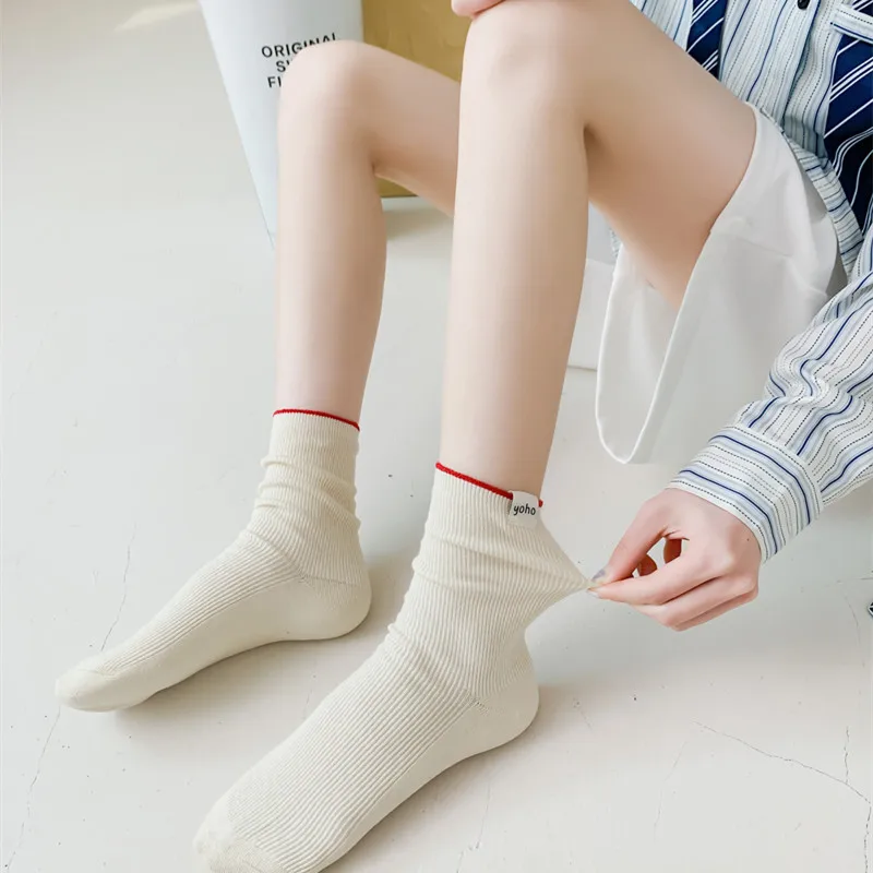 Ladies Stocking Solid Color Cotton Four Seasons Long Stockings One Size Women's Version Layout Label Personality Socks Soft