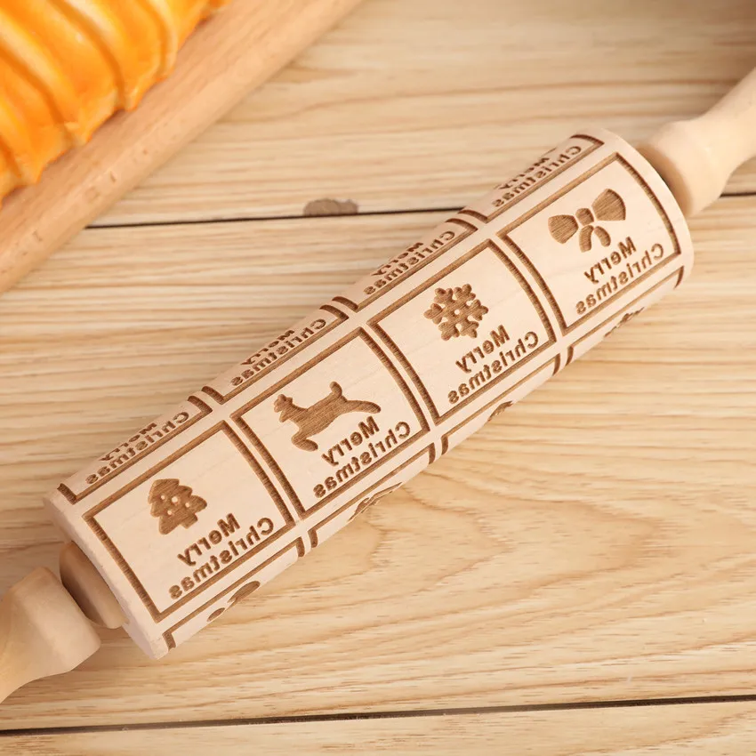 Christmas Embossed Rolling Pin 13.7in Wooden Pastry Baking Tools Santa Claus Elk Boots Deep Engraving Cookies Stamp Tool 1pcs