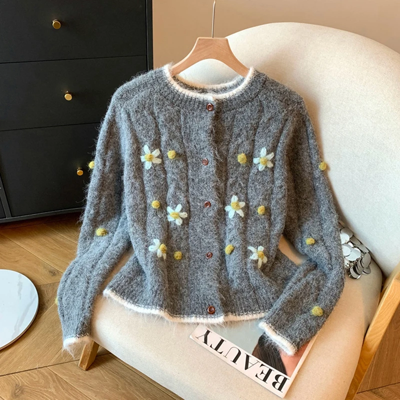 

Vintage Floral Knitted Cardigan Women Harajuku Cropped Sweater Outerwears Winter Korean Knitwears Long Sleeve Casual Jumpers New