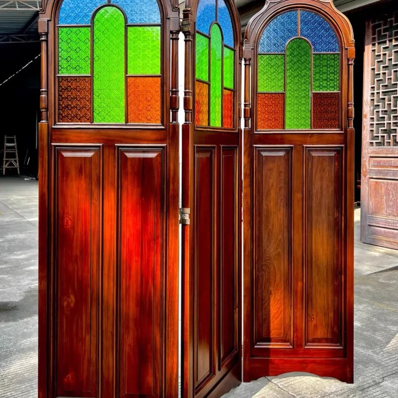 Retro colored glass Manchurian window screen Solid wood double-sided lattice screen Porch partition folding screen
