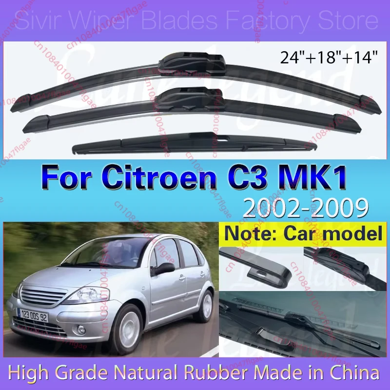 

For Citroen C3 MK1 2002-2009 Car Front Rear Wiper Blades Soft Rubber Windscreen Wipers Auto Windshield 24"18"14" Car Accessories