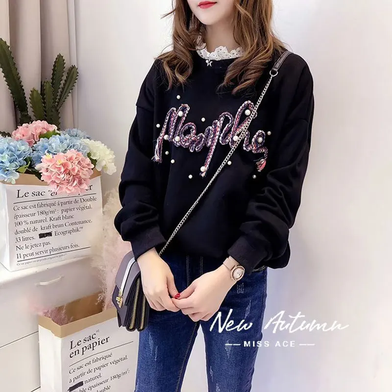 Female Clothing Casual 3D Letter Sweatshirts Fashion Pearl Beading Spring Autumn Korean Loose O-Neck Lace Patchwork Pullovers