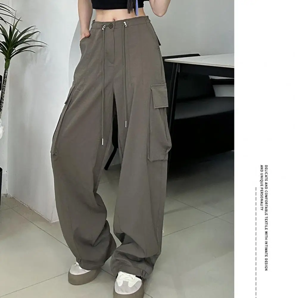 Damen New American Hip-Hop Straight Wide-Leg High-Waist Große Taschen Kordelzug Arbeitshose High Street Casual Sporthose