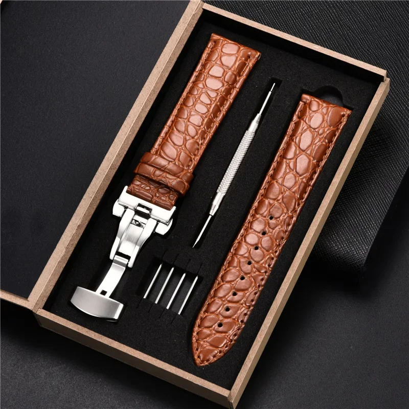 Crocodile Pattern Leather Watch Strap for Men Women Watch Band with Box Butterfly Deployment Clasp 18mm 20mm 22mm 24mm Straps