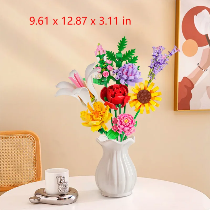 Buquê de flores com vaso, coleção botânica, blocos de construção brinquedo, flor casa planta decoração, mothe, 1853pcs