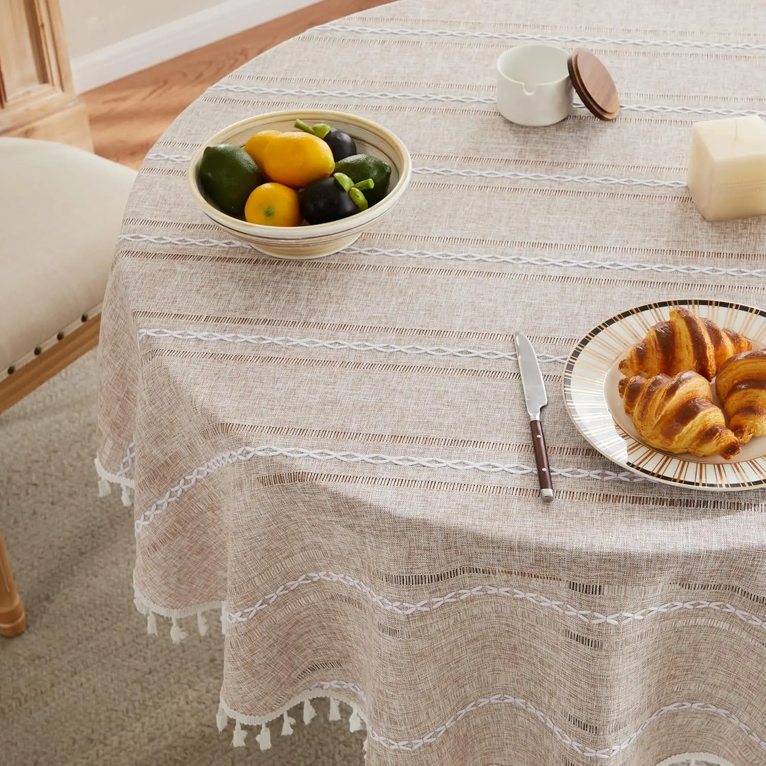 

Hemstitched Embroidery Striped Boho Tablecloth 60 Inch Round Natural, Heavy Weight Farmhouse Burlap Linen Neutral Tablec