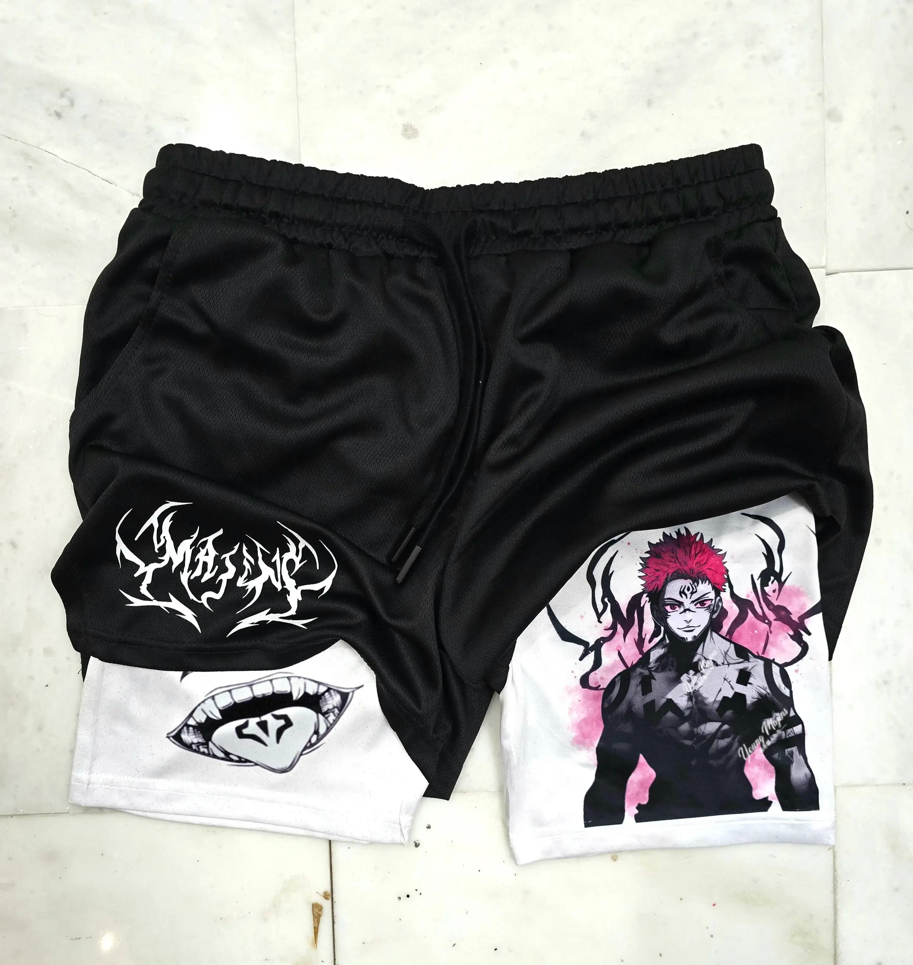 

Men 2 in 1 Shorts Black White Layer Anime Demon Slayer Nezuko Kamado Print Pink Black Graphic Loose Fit Streetwear Casual