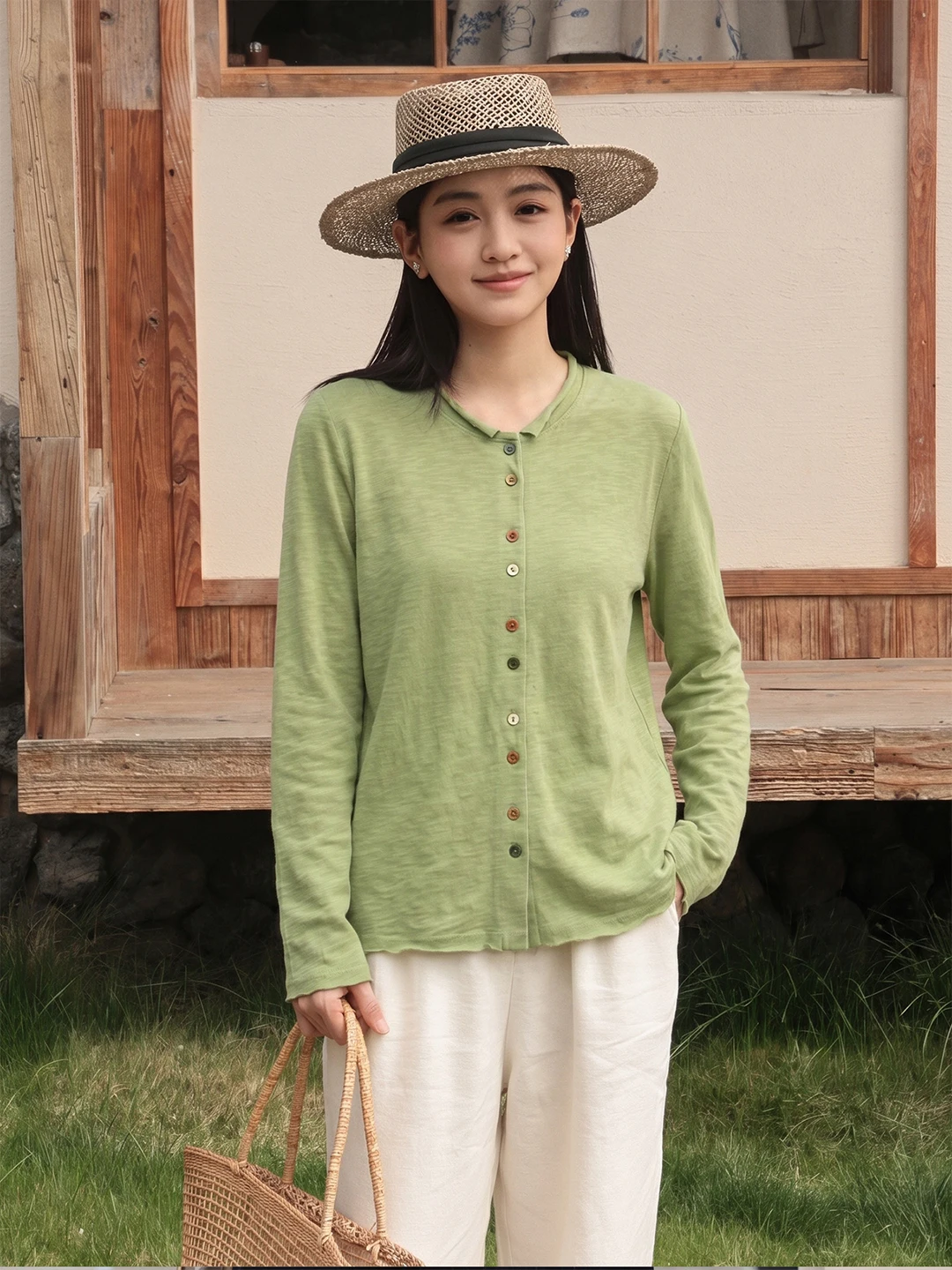 

Повседневный вязаный кардиган из хлопка и льна для женщин: легкая весенняя модная верхняя одежда с круглым вырезом, омолаживающий эффект, удлиненный фасон