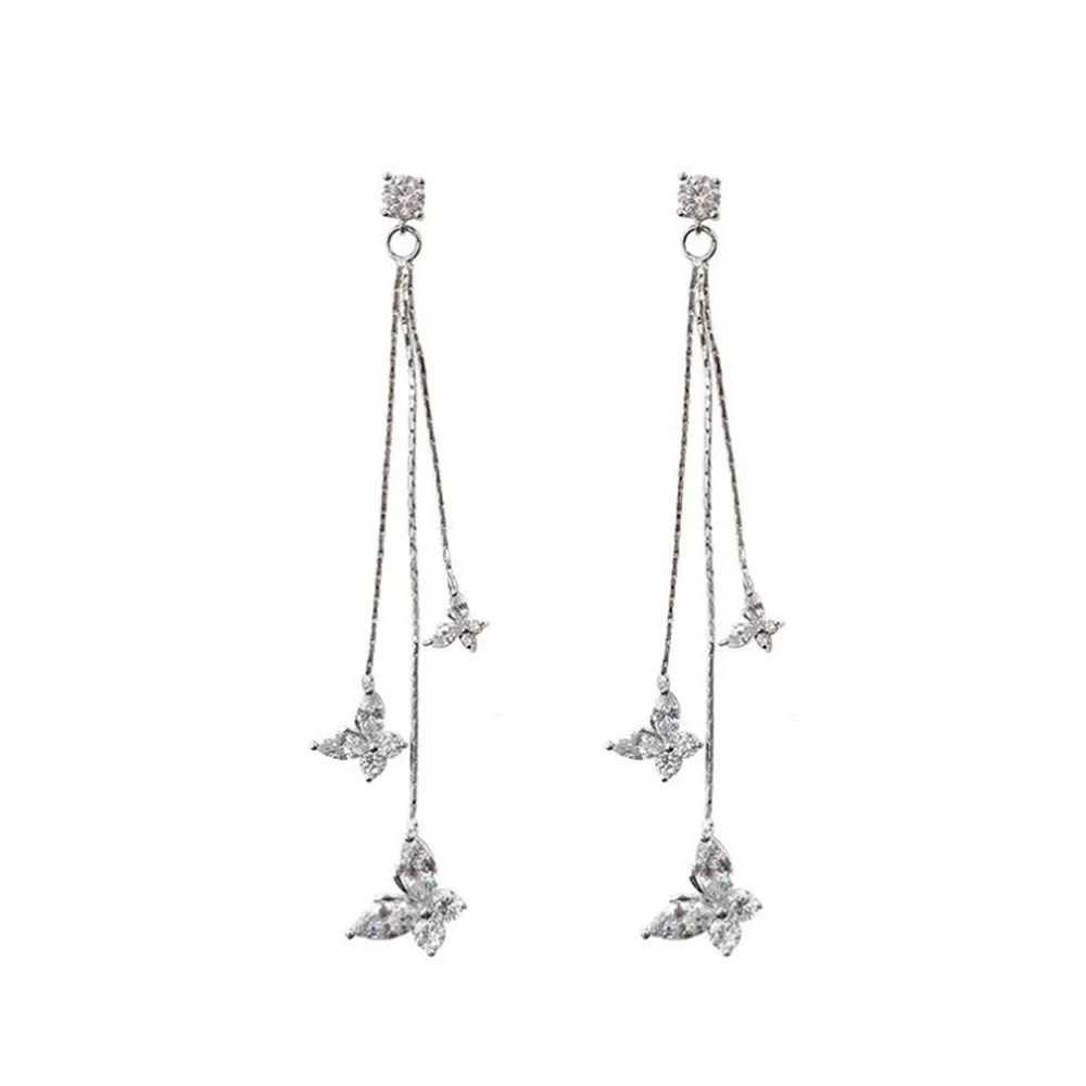 Korean Fashion Zircon Butterfly Tassel Earrings Trendy Crystal Silver Color Rhinestone Pendant Earrings Party Jewelry image 6