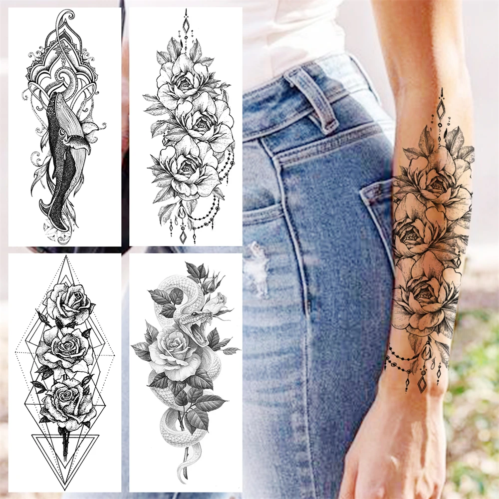 Black Peony Flower Pendant Temporary Tattoos For Women Adult Geometric Snake Whale Fake Tattoo Waterproof Body Art Tatoos Decal