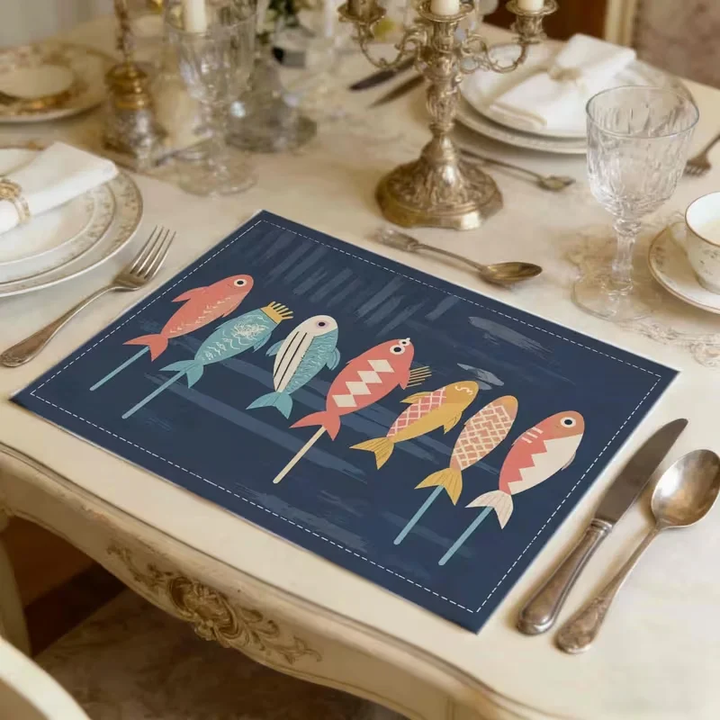 Pastel 3 Cartoon Fishes Placemats Decorative Geometric Border Linen Table Mats Ocean Themed Pads Daily Dining Table Decor