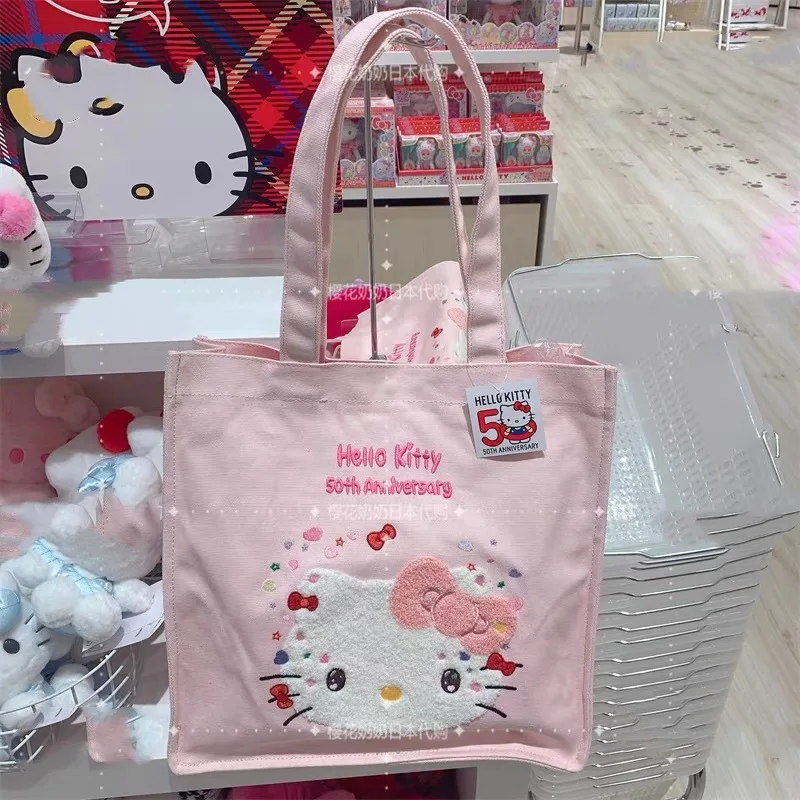 

Sanrios New Large Capacity Hello Kitty Cartoon Embroidered Canvas Shoulder Bag Pink Cute Student Daily Commuting Handbag Gift
