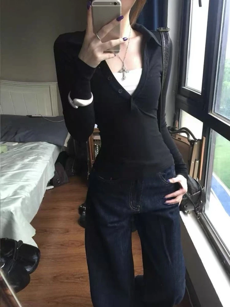 2000s Vintage Note Rhinestone Fake Two Pieces Long Sleeve T-shirt Women Slim Fit Base Layer Fashion Casual Tops Female Stylish