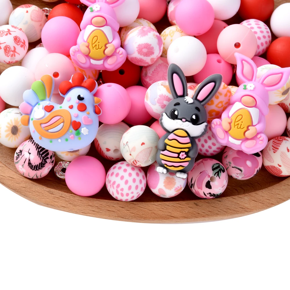 28Pcs Silicone Beads Set Round Rabbit Animal Shape Teether Focus Beads for DIY Pacifier Chain Clips Dummy Holder Accessories