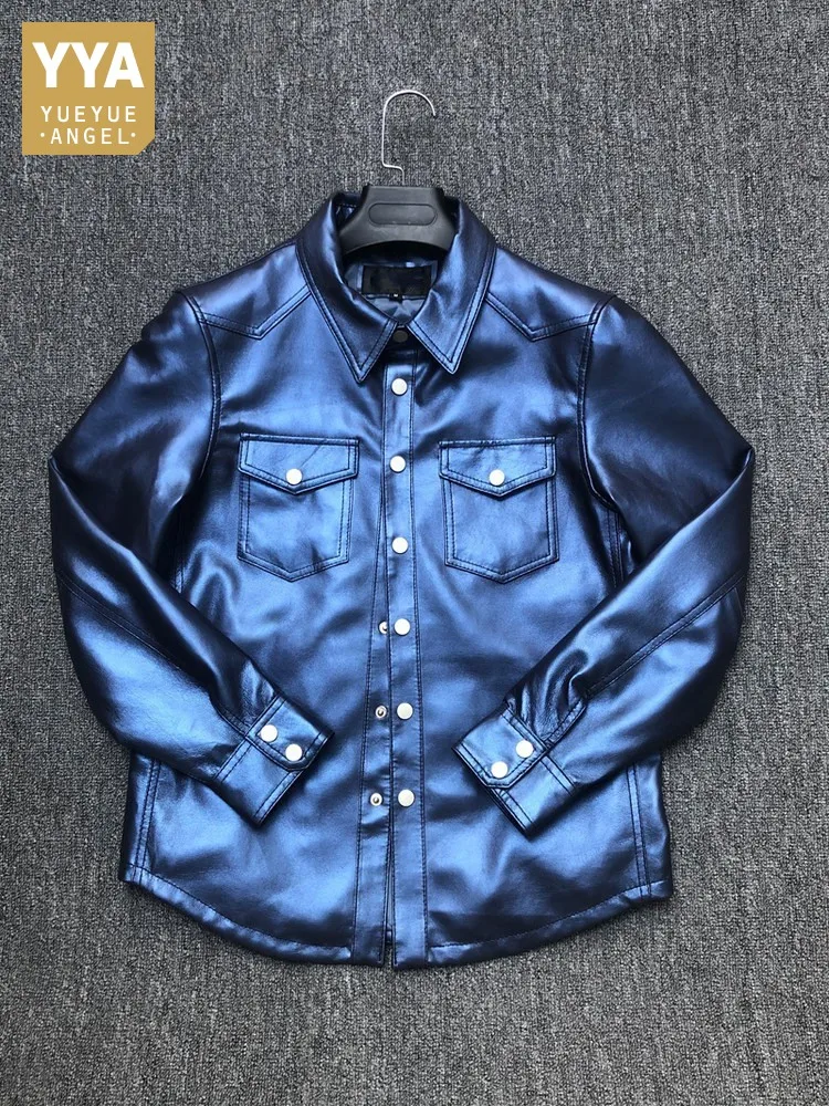 

Men Real Sheepskin Shirt Jacket Turndown Collar Spring Long Sleeve Single Breasted Genuine Leather Short Coat Casual Outerwear