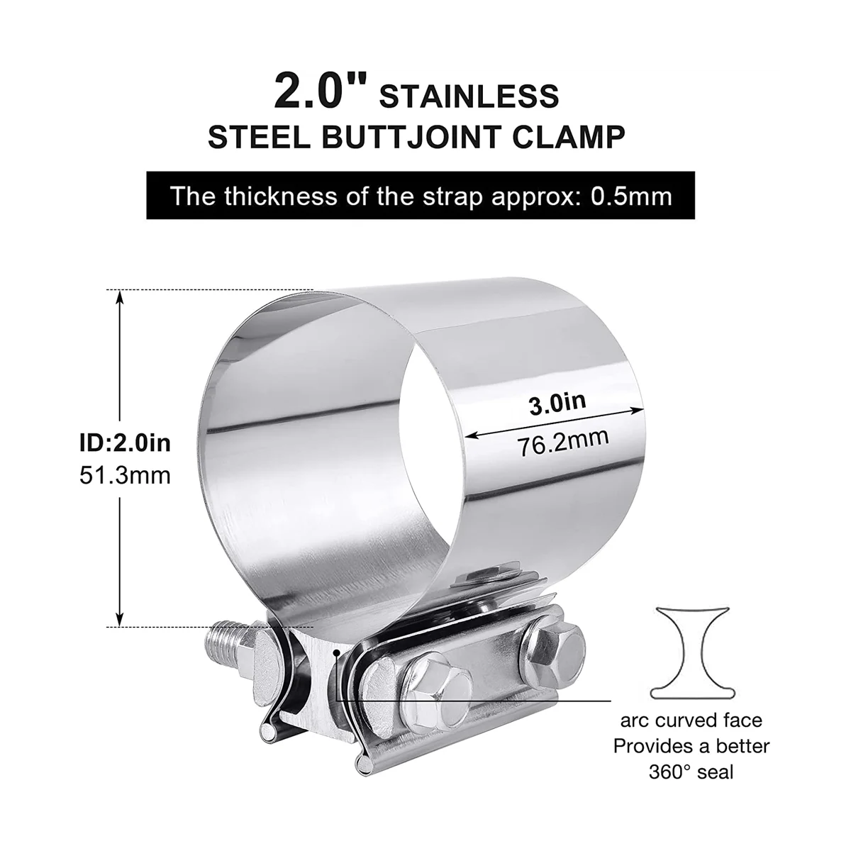 2 Inch Exhaust Clamp, 51mm Butt Joint Exhaust Pipe Muffler Band Clamp