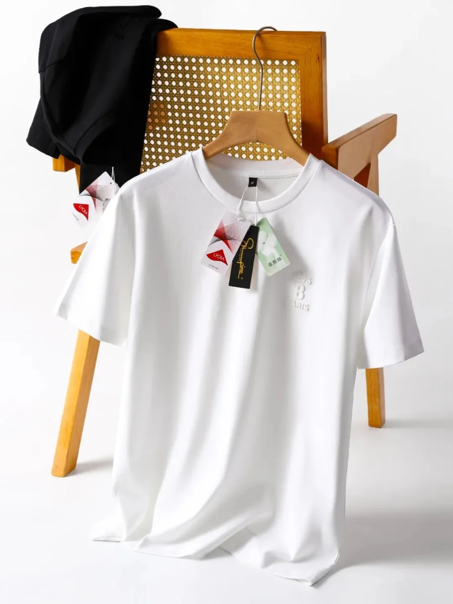 Minimalist Design Liquid Ammonia Mousse Cotton Summer Men's New High-end Silk Luster Base Shirt round Neck Short Sleeve T-shirt