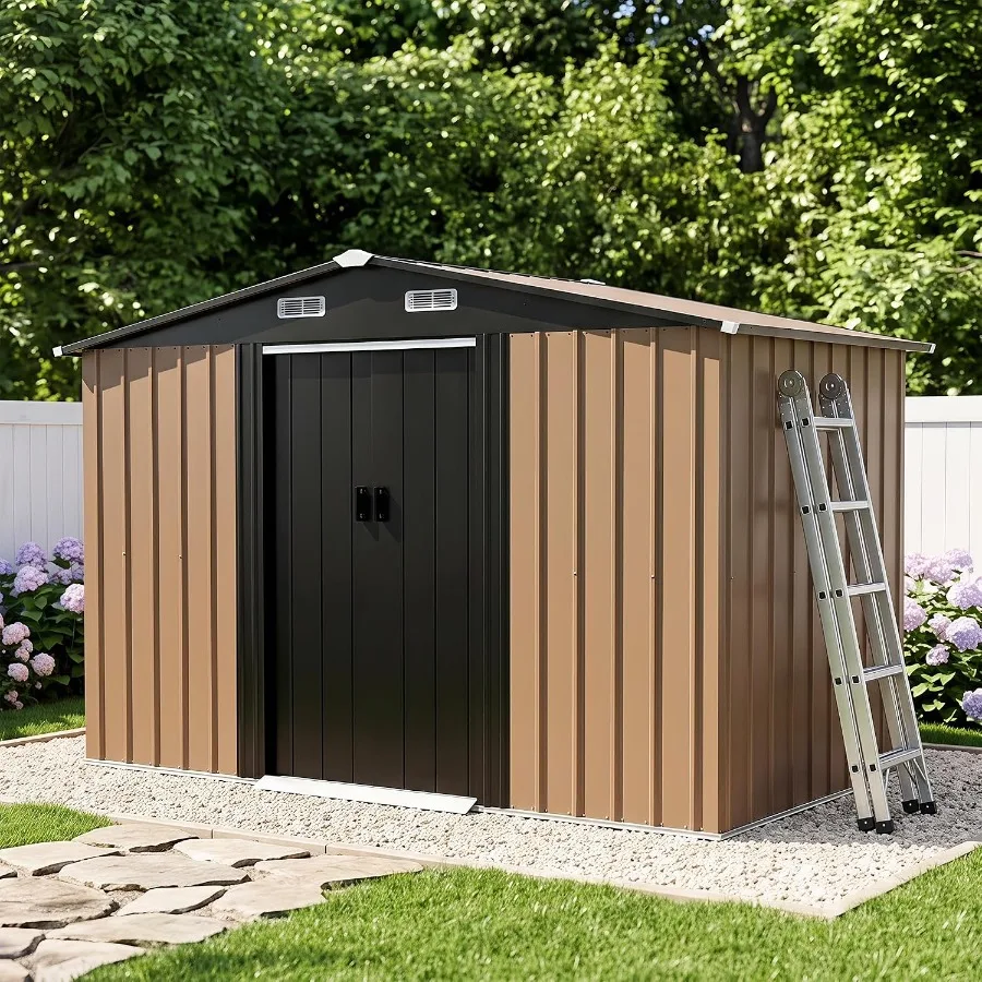 Outdoor Storage For Backyard Use, Galvanized Steel, Gray, Double Sliding Doors With Gable Roof And Air Vent