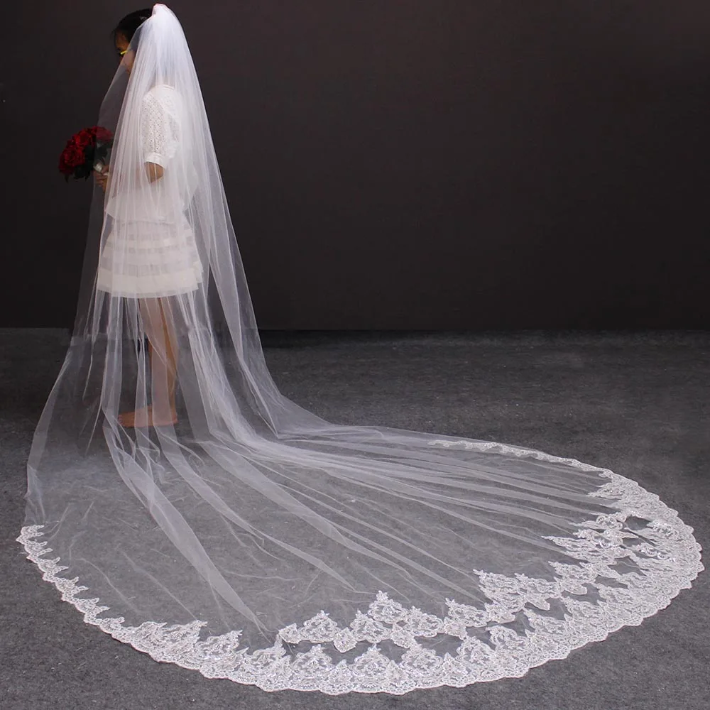 

Real Photos Glitter Sequins Lace Wedding Veil One Layer 3 Meters Long Bridal Veil with Comb Wedding Accessories velos de novia