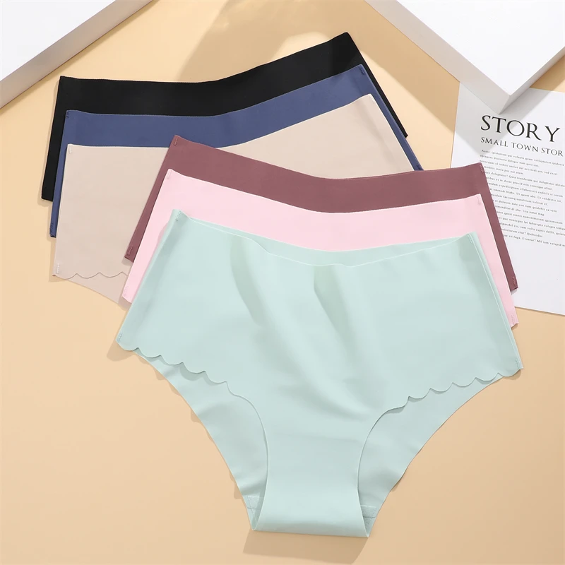 FINETOO 2Pcs Seamless Ruffles Mid-Waist Women\'s Panties Sexy Solid Color Comfortable Briefs Female Invisible Stretchy Intimates