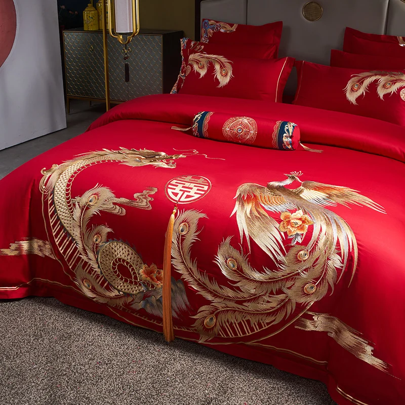 Loong Phoenix Embroidery Tassels Bedding Set Luxury Egyptian Cotton Chinese Royal Wedding Red Duvet Cover Bed Sheet Pillowcases