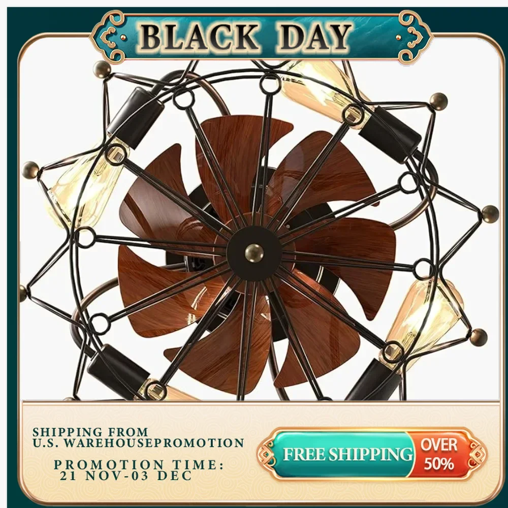 Cage ceiling fan with lights and remote control, including 5 light bulbs, 6 speeds, reversible blade embedded ceiling fan