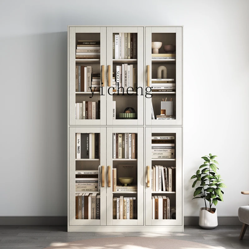 ZC solid wood bookcase floor combination dust belt glass door simple storage two doors three doors bookcase