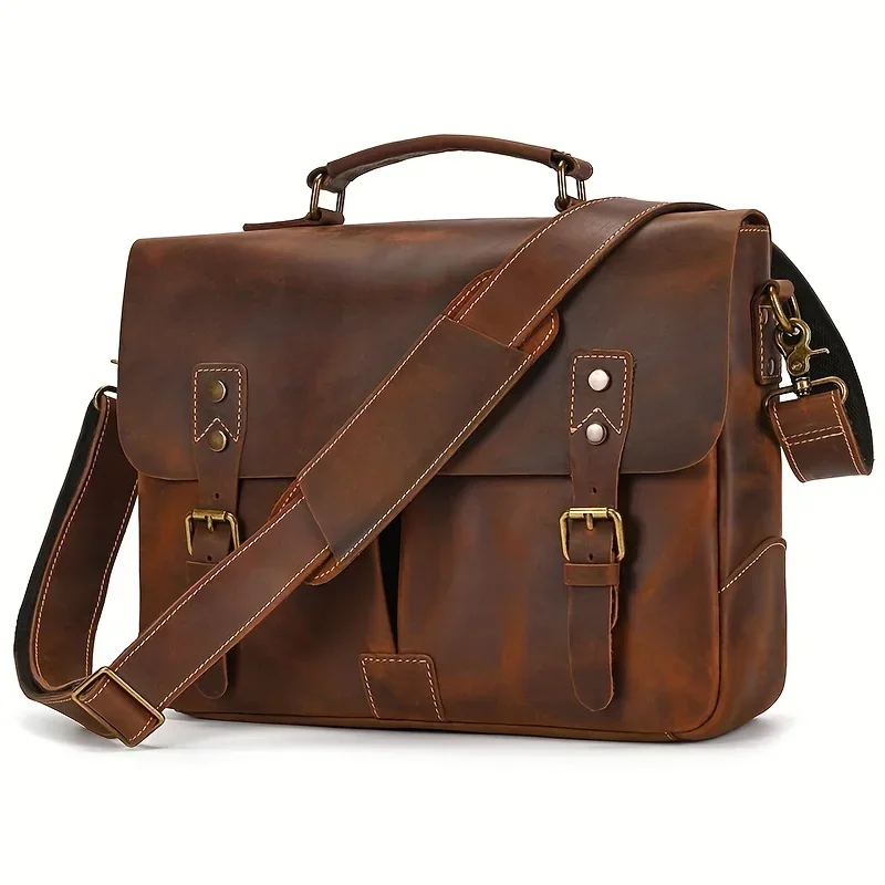 Men’s Vintage Genuine Cow Leather Business Briefcase, Soft Laptop Shoulder Bag, A4 File & Document Computer Handbag