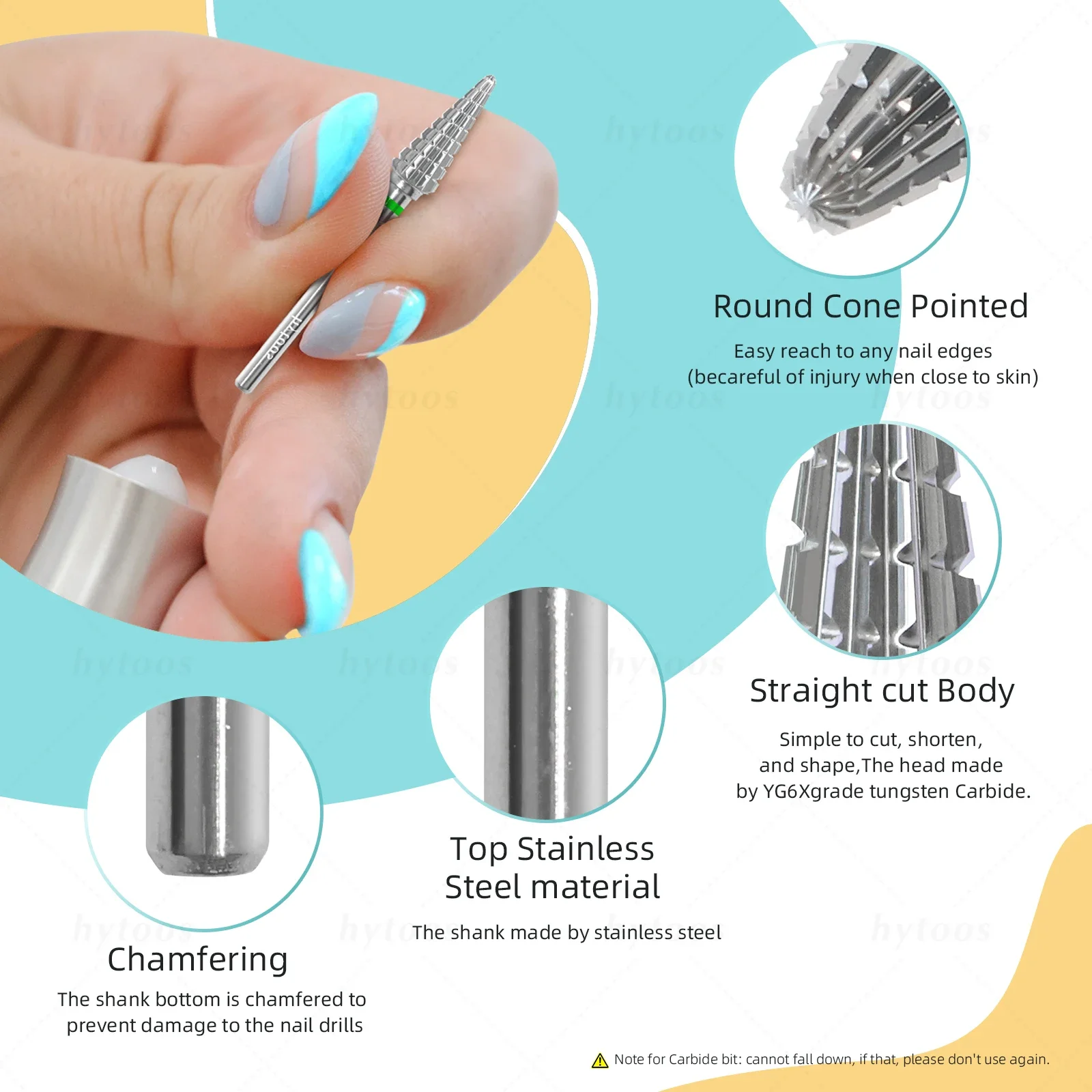 HYTOOS Twee-weg Kegel Nail Boren 15mm Taper Carbide Nail Bit Manicure Zachte Gel Verwijderen Nagels rand Cuticle Clean Tool