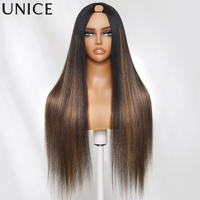 Unice Hair Balayage Highlight Yaki Straight Human Hair V Part Wig With Drawstring No Lace No Glue Human Hair Wigs 150% Density