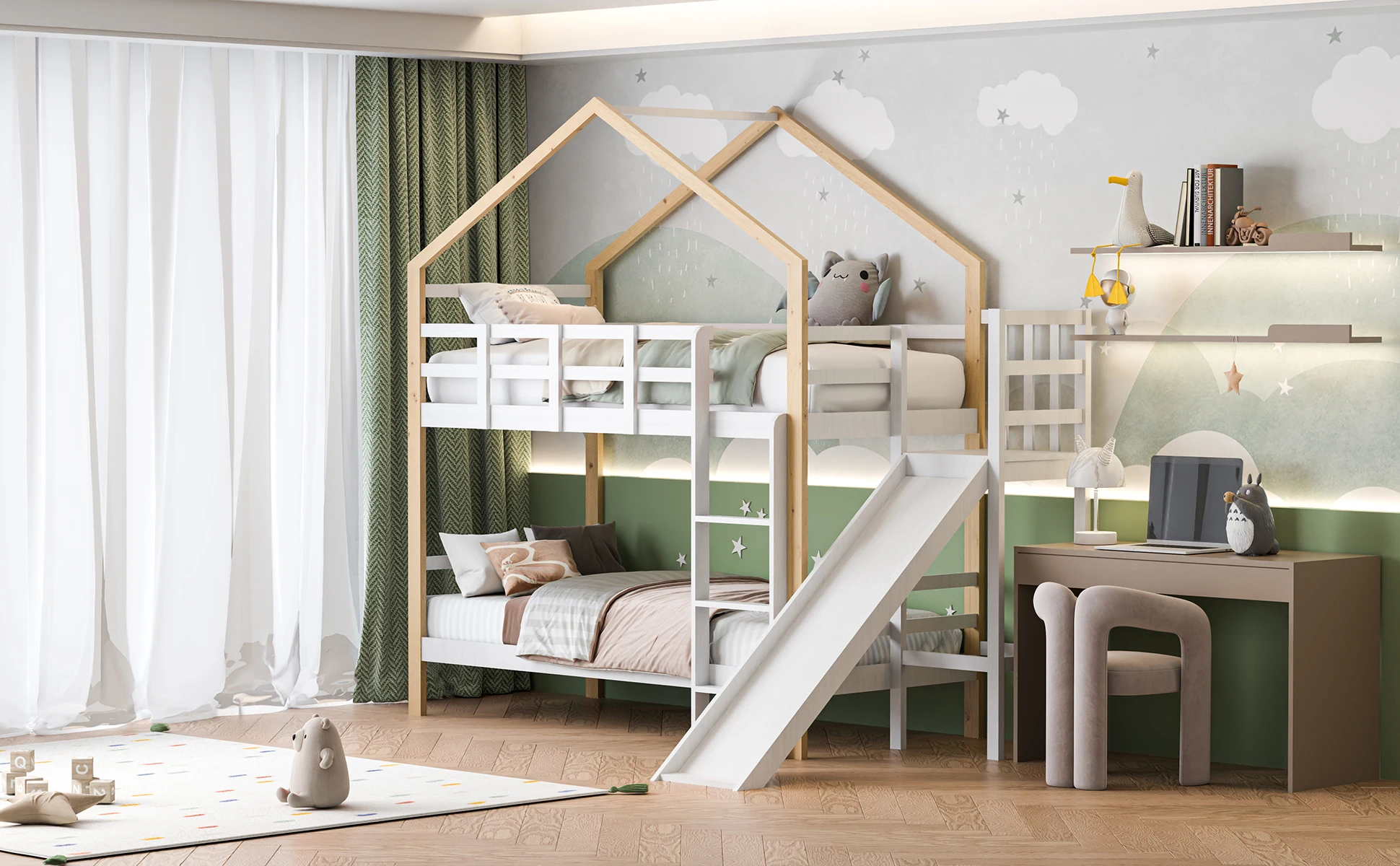 Łóżko dziecięce, 90*200 cm, łóżko piętrowe, łóżko na poddaszu z zjeżdżalnią i wzorem domu, łóżko piętrowe z litego drewna z ramą z listew, białe