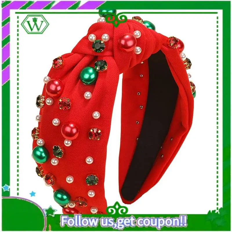 

A18P-Christmas Headband For Women Pearl Knotted Headband Xmas Red Green Pearl Rhinestone Crystal Jeweled Hairband