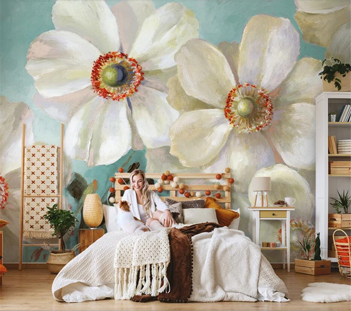 Custom Nordic white floral flowers roses mural wallpaper for living room TV background Stickers wallpaper sofa home improvement