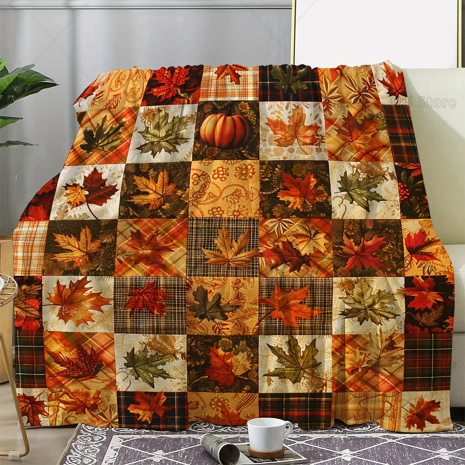 1pc Vintage Autumn Pumpkin and Maple Leaf Plaid Print Flannel Throw Blanket Cozy Soft Knitted Polyester, All-Season Lightweight