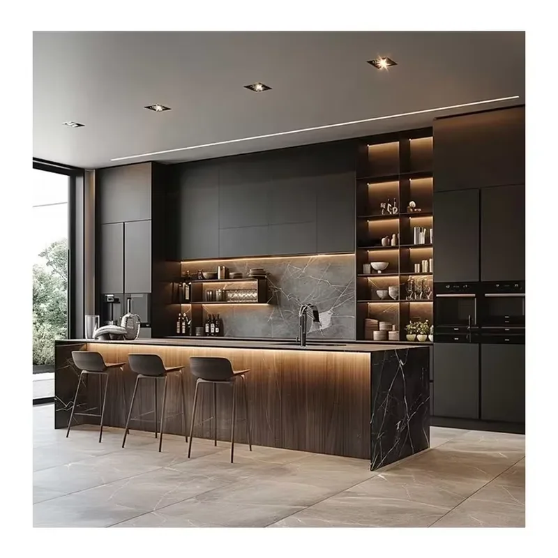 Luxury durable veneer locker black island sink base living room kitchen cabinet