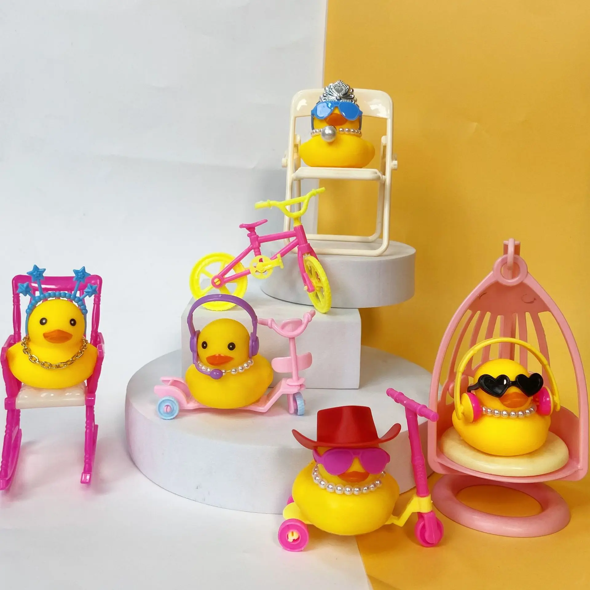 5Pcs Cute Mini Yellow Duck Accessories Kids Play House Toy Accessories Cartoon Rocking Chair Scooter Folding Chair Swimming Ring