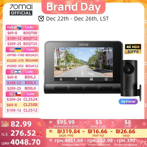 70mai A800SE 4K Soporte DVR para automóvil Cámara trasera o interior Modo de estacionamiento 24H GPS ADAS Versión mejorada de 70mai A800S