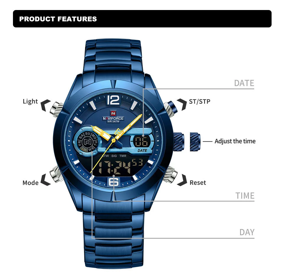 NAVIFORCE Design Watch For Men Luxury Waterproof Sport Calendar Quartz Wristwatches Dual Display Chronograph Clock Reloj Hombre