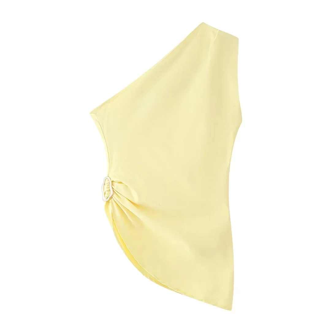 TRAFZA Sexy Yellow Slim Blouses Women Sleeveless One Shoulder Tops Fashion 2024 Summer Elegant Tops