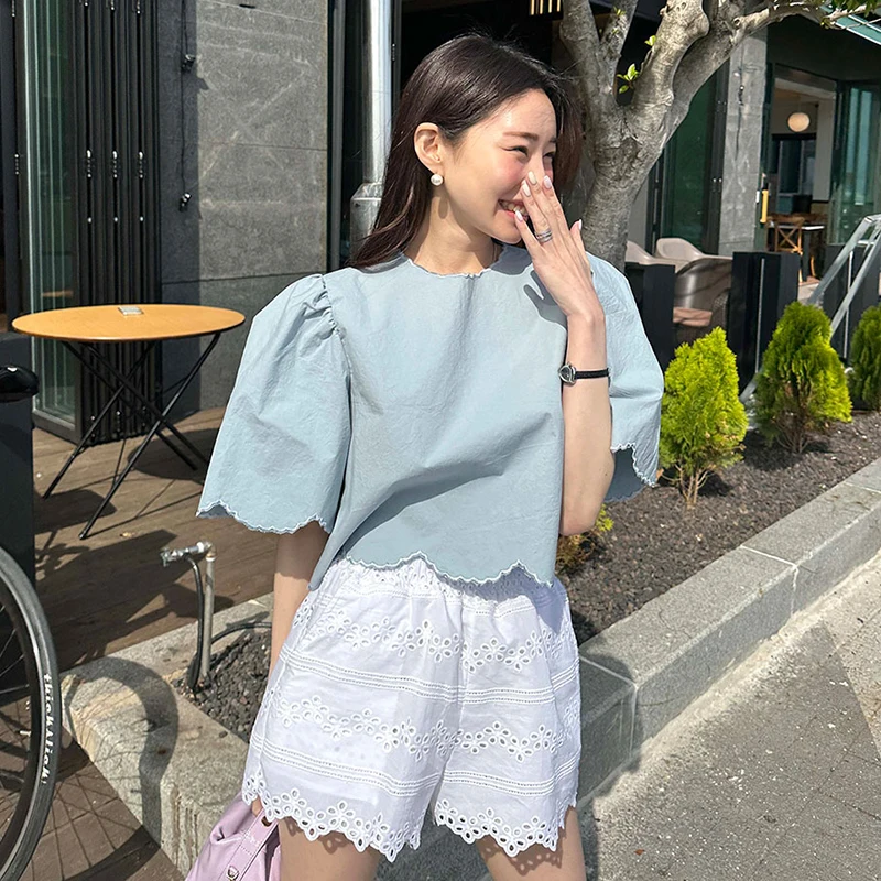 

Sweet Youthful Embroidered Ruffle Hem irt Women Summer New Sle Holiday Loose Casual ort Sve Top Korean Version Bubbl...