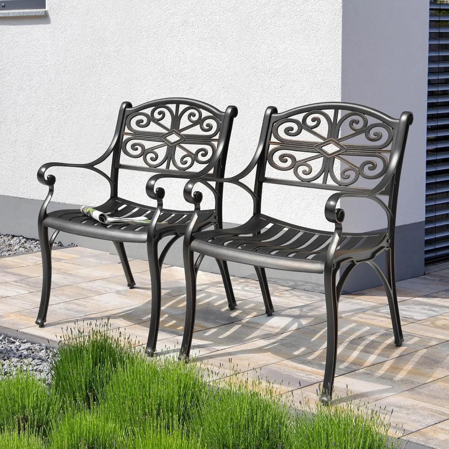 Set of 2 Cast Aluminum Patio Dining Chairs with Armrests All-Weather Patio Dining Chair with Adjustable Feet Outdoor