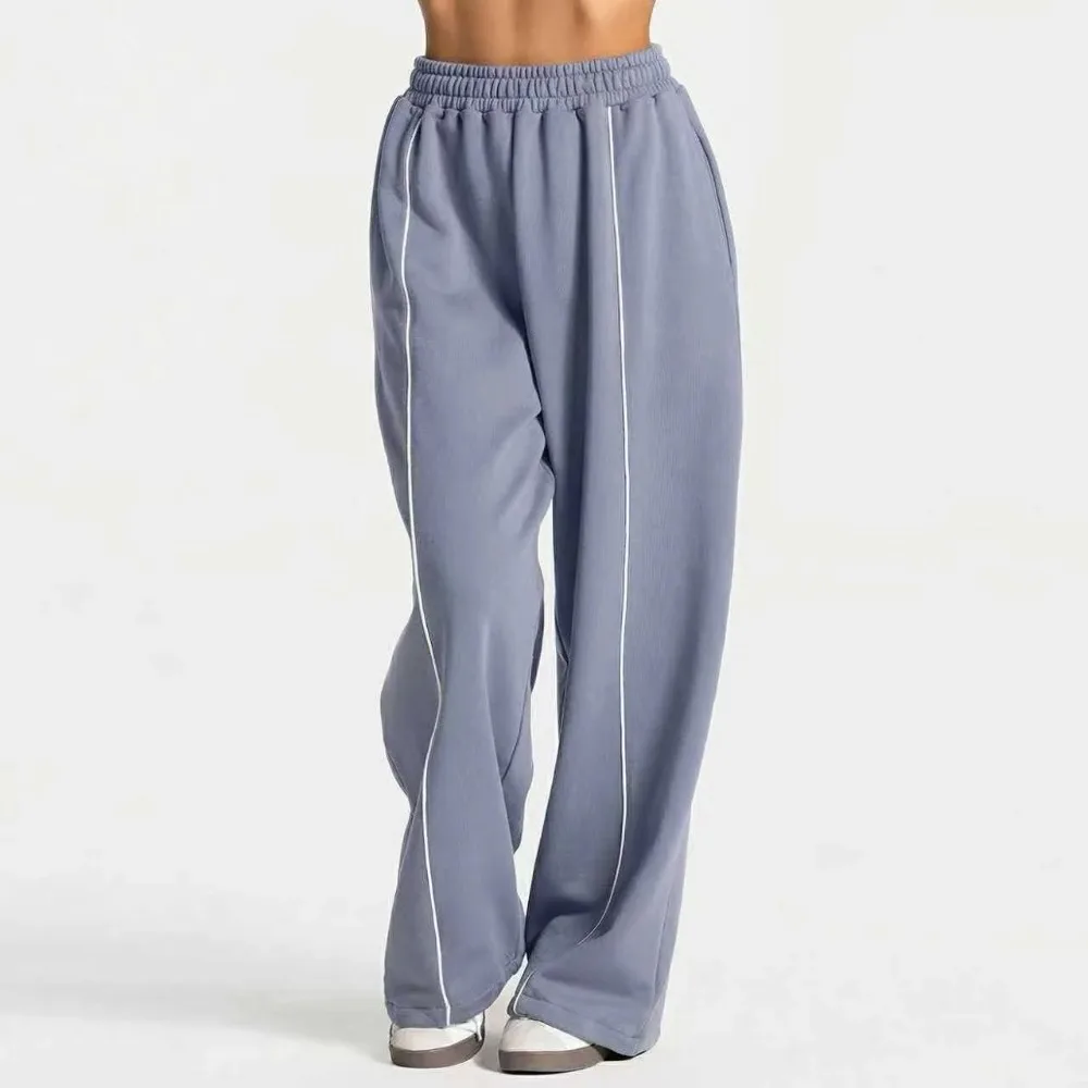 Women Cotton Running Gym Pants High Waist with Pocket Contrastline Wide Leg Joggers Mid Waist Drawstring Casual Loose Sport Pant