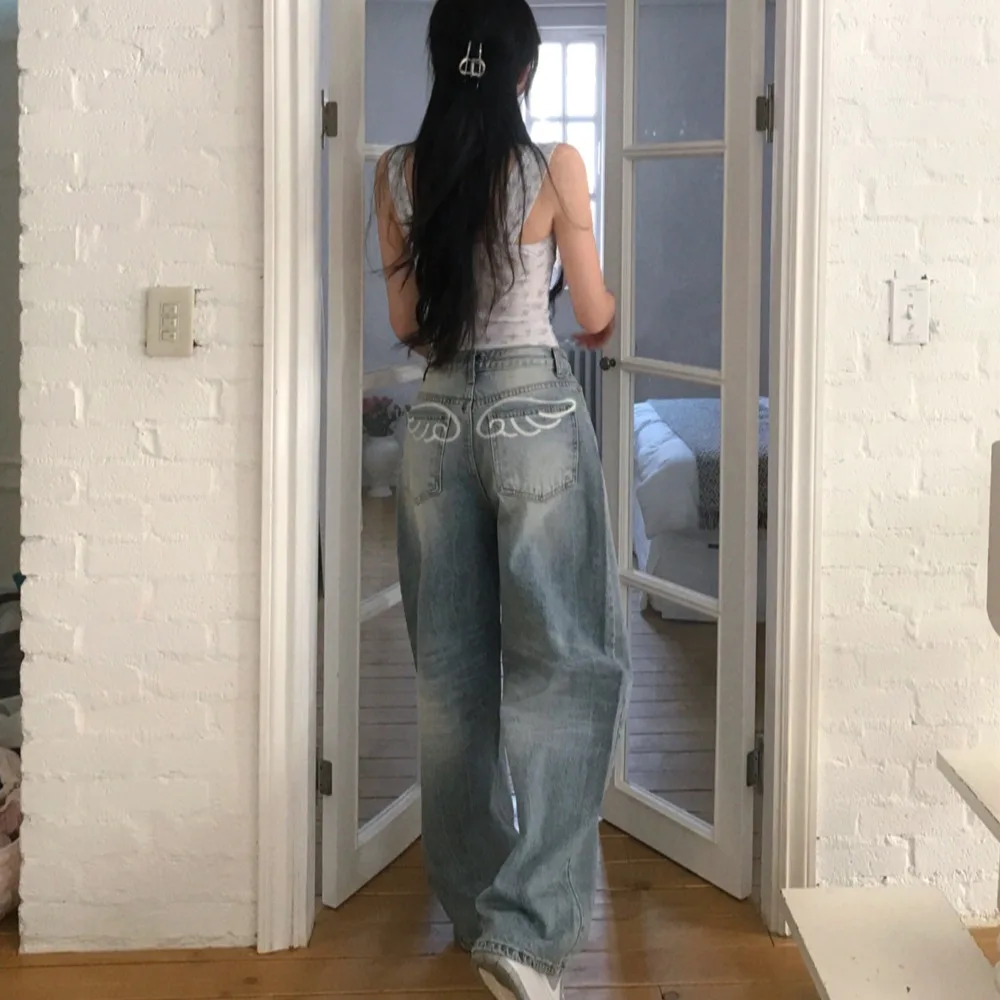 Slimming Vintage Washed Printed Loose Women's Jeans Casual High Waist Blue Denim Casual Loose Fit High Waist Blue Jeans