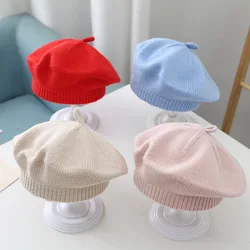 New winter candy colors wool beret caps Children girl thick keep warm French artist Pumpkin hat Kids Beanie Headwear