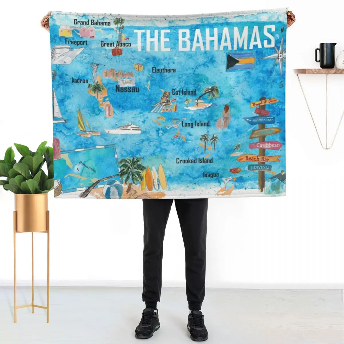 The Bahamas Illustrated Map with Main Roads Landmarks and Highlights Throw Blanket Comforter Quilt Blankets