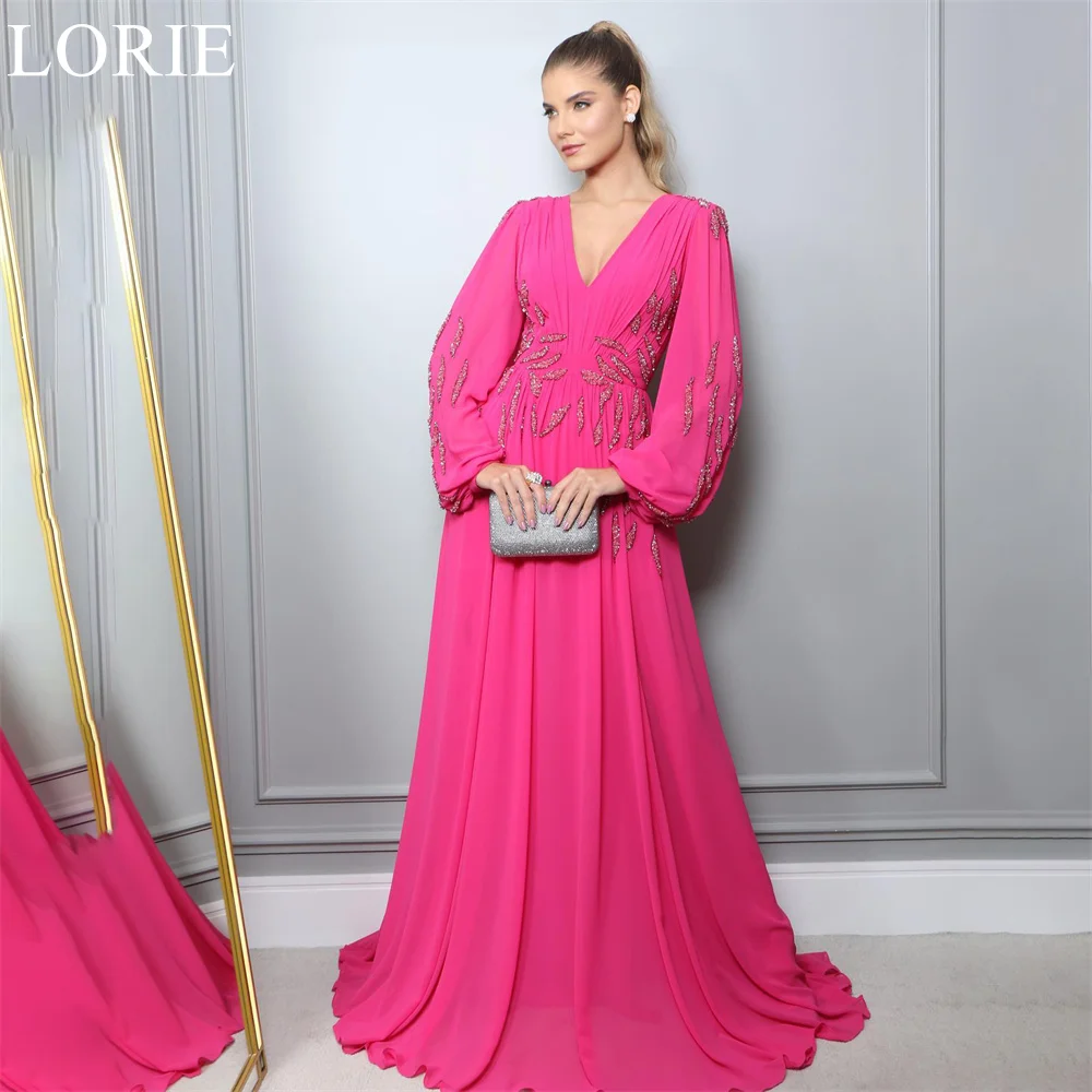 

LORIE V-Neck Fuchsia Chiffon A-Line Prom Dresses Long Sleeves Glitter Sequins Lace Formal Evening Gown for Special Occasion